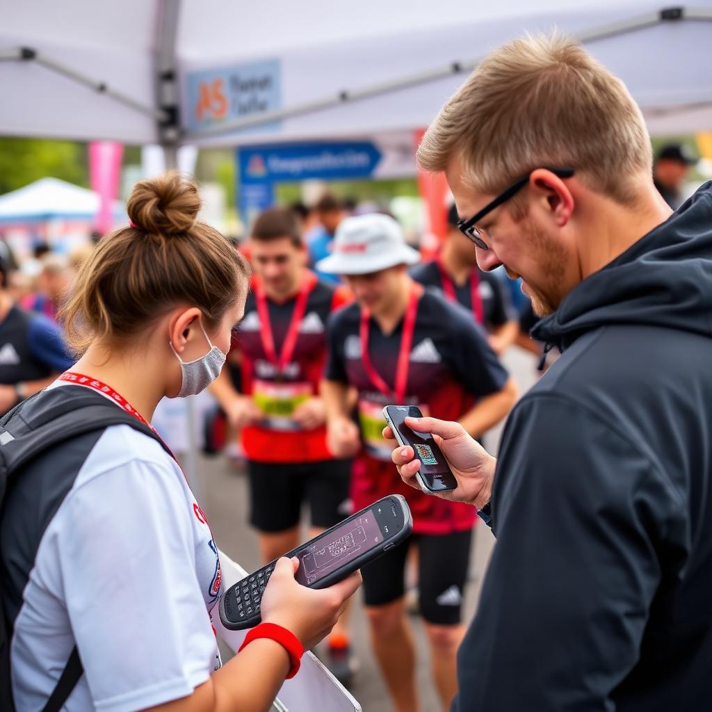 Voluntar scanând QR la check-in